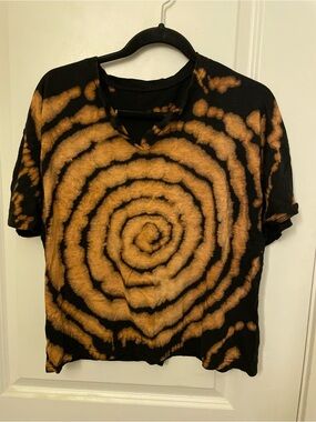 Black and Orange Spiral Tie-Dye V-Neck Women's Top
